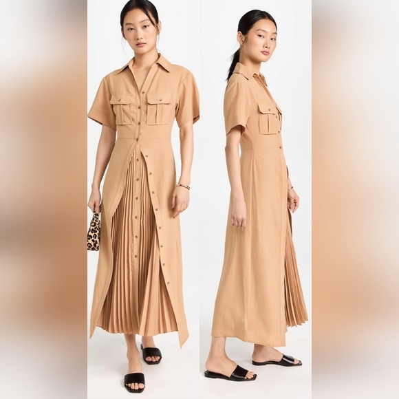 A.L.C. Florence Pleated Shirt Dress Raffia Tan Maxi Size 4 - Picture 1 of 13